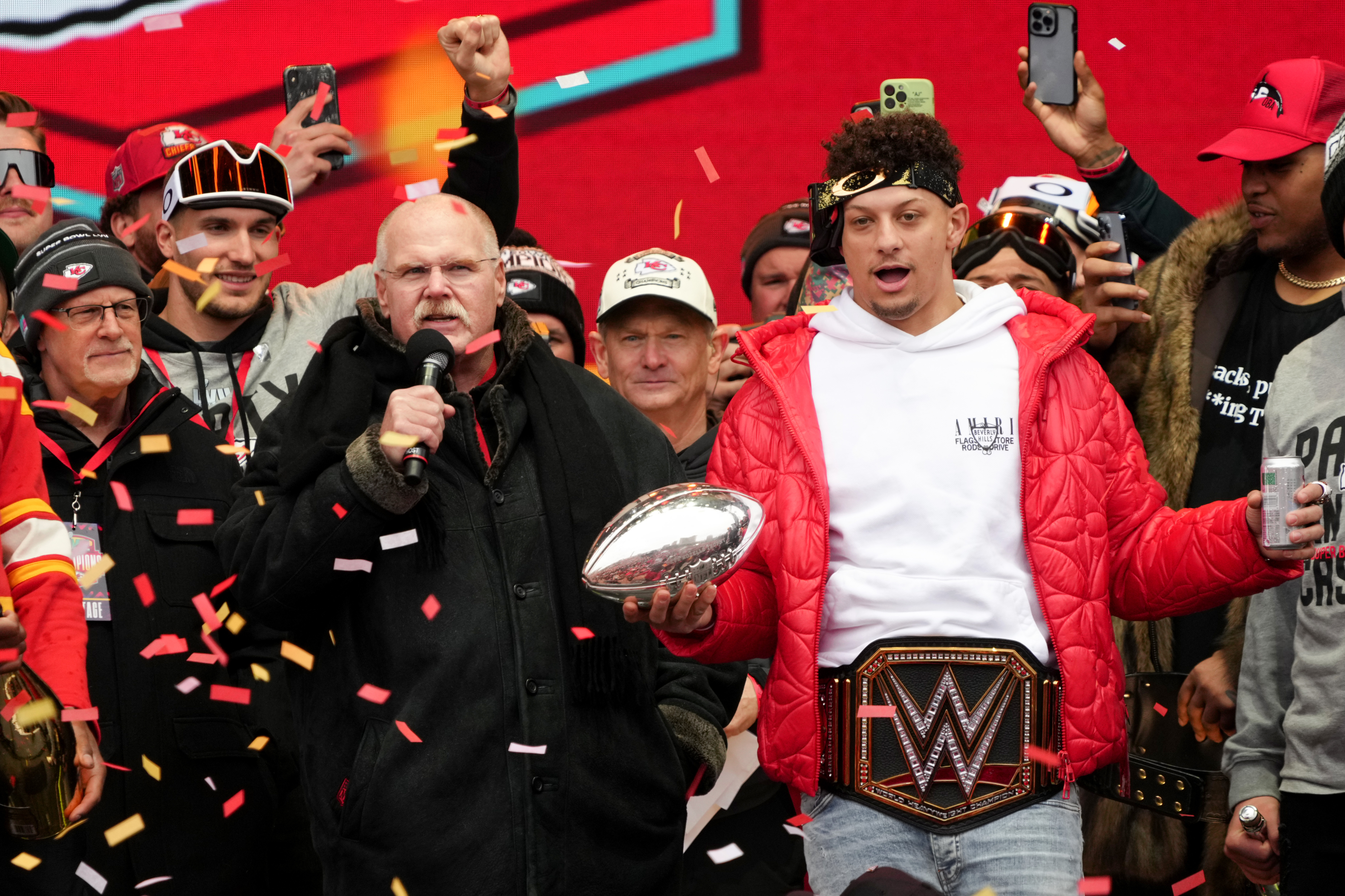 Patrick Mahomes, Travis Kelce Celebrate at Chiefs Super Bowl Parade