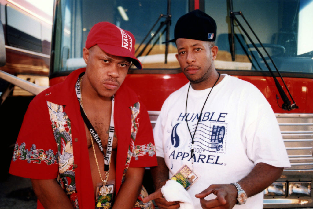 In Chicago, rapper Guru and DJ Premier of Gang Starr pose in front of their tour bus. 