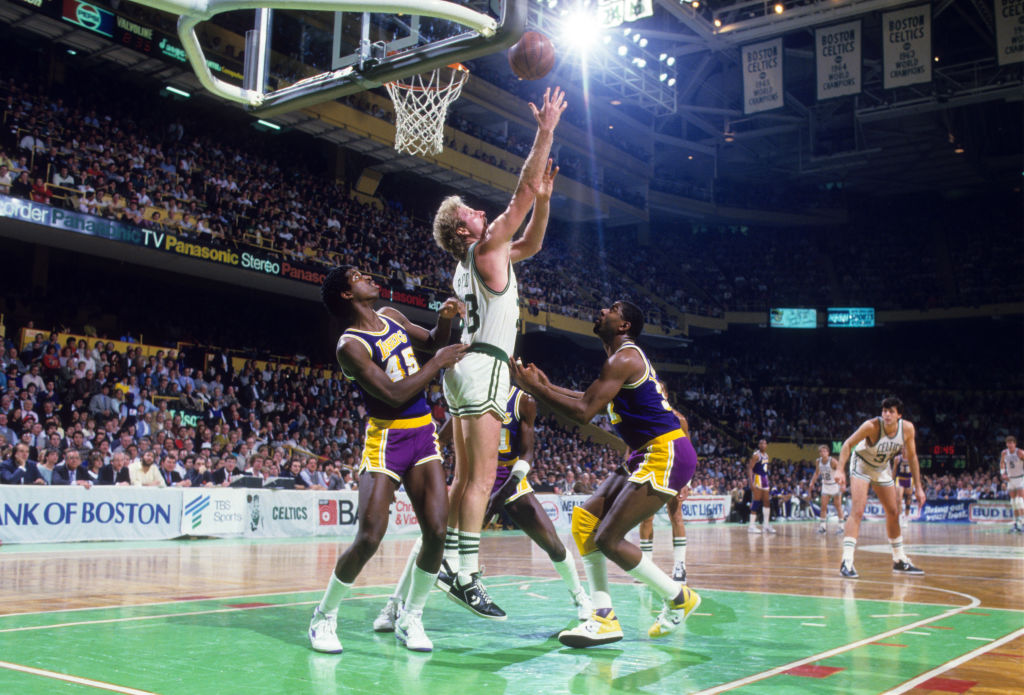 Larry Bird of the Celtics and Magic Johnson of the Lakers during Game 1 of 1984 NBA Finals.