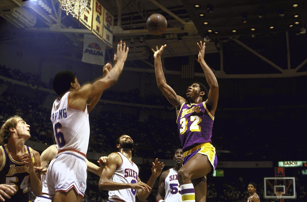 Magic Johnson of the LA Lakers and Julius Irving of Philadelphia 76ers during Game 4 of the 1980 NBA Finals.