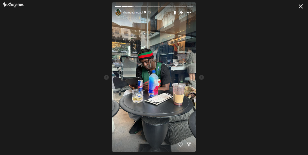 Image from the Instagram story of Drake showing Lil Yachty and Drake at lunch