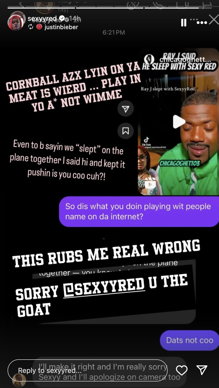 Screenshot of a Justin Bieber and Sexyy Red Instagram Story post.