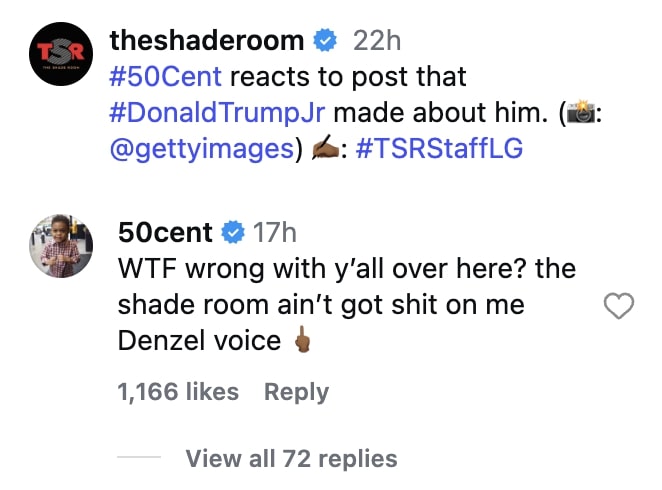 Screenshot of a 50 Cent Instagram comment on a The Shade Room IG post.