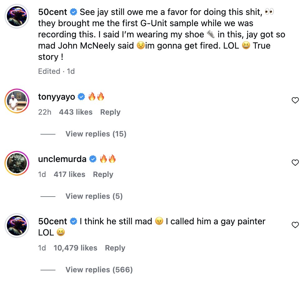 Screenshot of a 50 Cent Instagram post's comments section