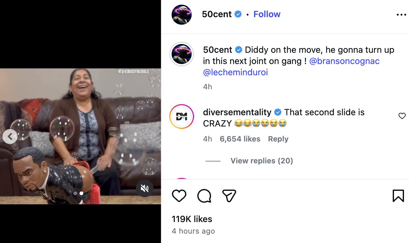 Screenshot of 50 Cent's Instagram post about Diddy