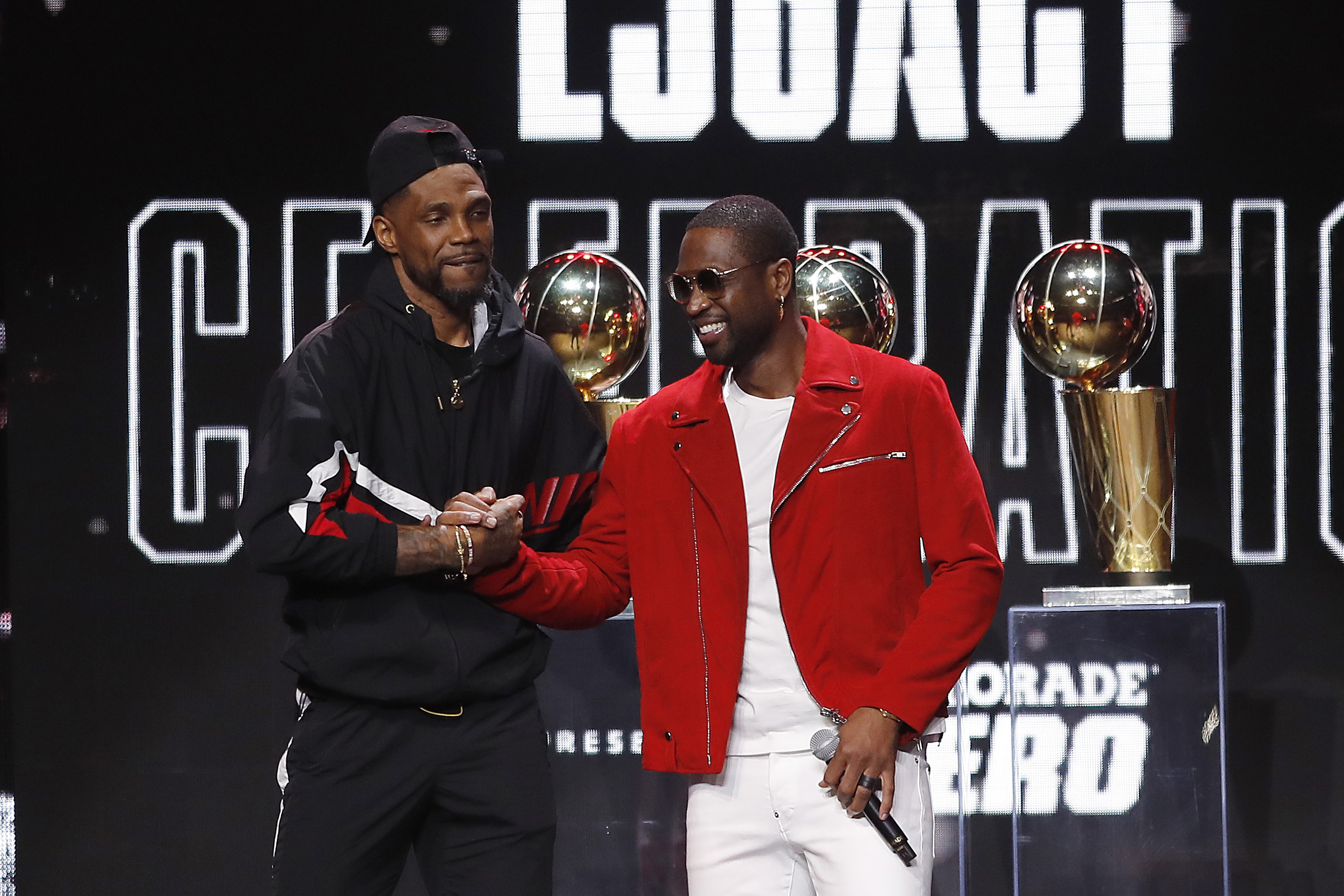 The retired jerseys of Shaquille O'Neal, Chris Bosh, and Dwyane Wade  News Photo - Getty Images