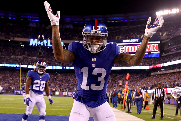 Santa Clara, CA. 12th Nov, 2018. New York Giants wide receiver Odell  Beckham (13) imitates firing a gun while dancing to pregame music during  the game between the New York Giants and